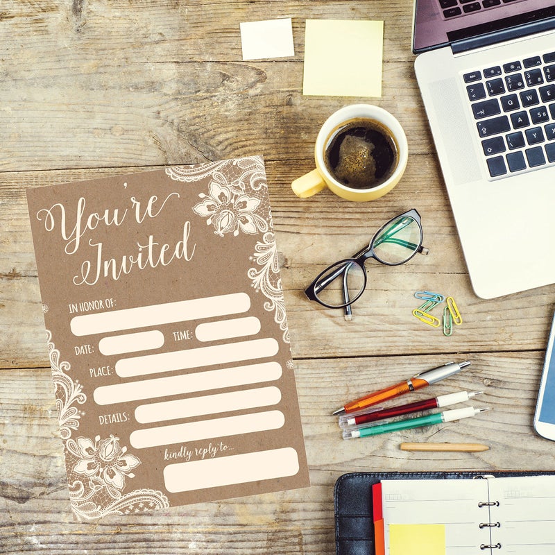 Hadley Designs 50 Fill in Invitations, Burlap and Lace, Kraft, Wedding, Bridal Shower Invitations, Rehearsal Dinner, Invites, Baby Shower Invite, Bachelorette Party Invites, Engagement, Graduation - Image 4